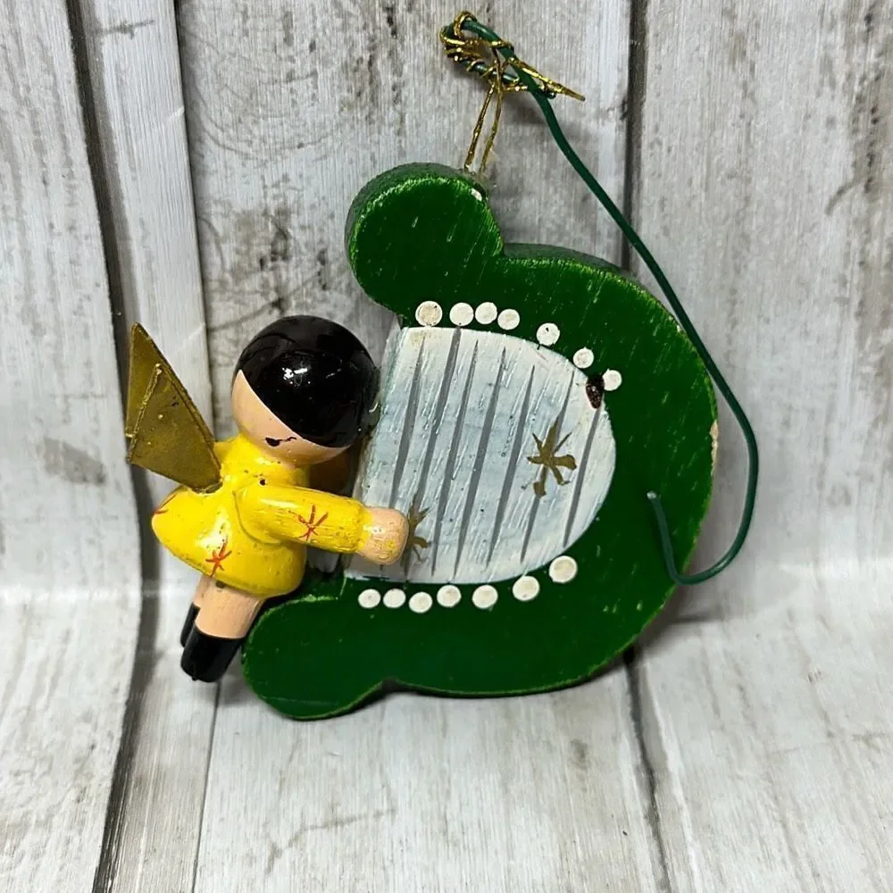 Vintage Wooden Christmas Ornaments set of 5 Snowman‎ Jack-in-the-box Train Harp